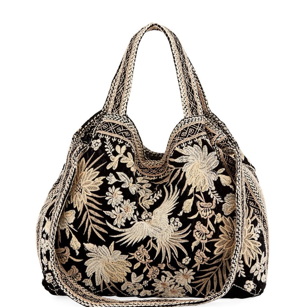 Johnny Was Othilia Black White Floral Special Velvet Tote Bag Handbag Purse NEW